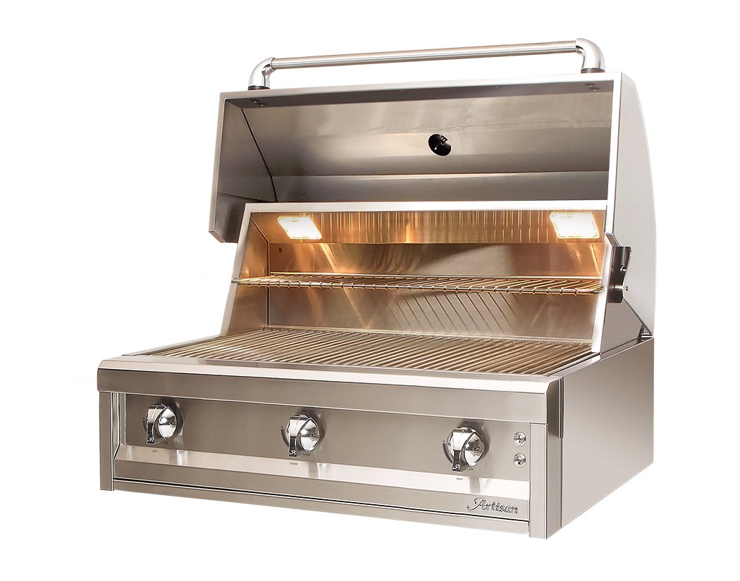 Artisan Series 36" built-in gas grill, left angle view with hood open