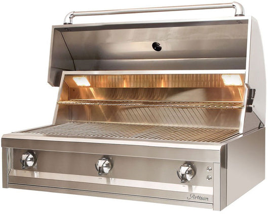 Artisan Series 42" built-in gas grill, left angle view with hood open, alternate shot