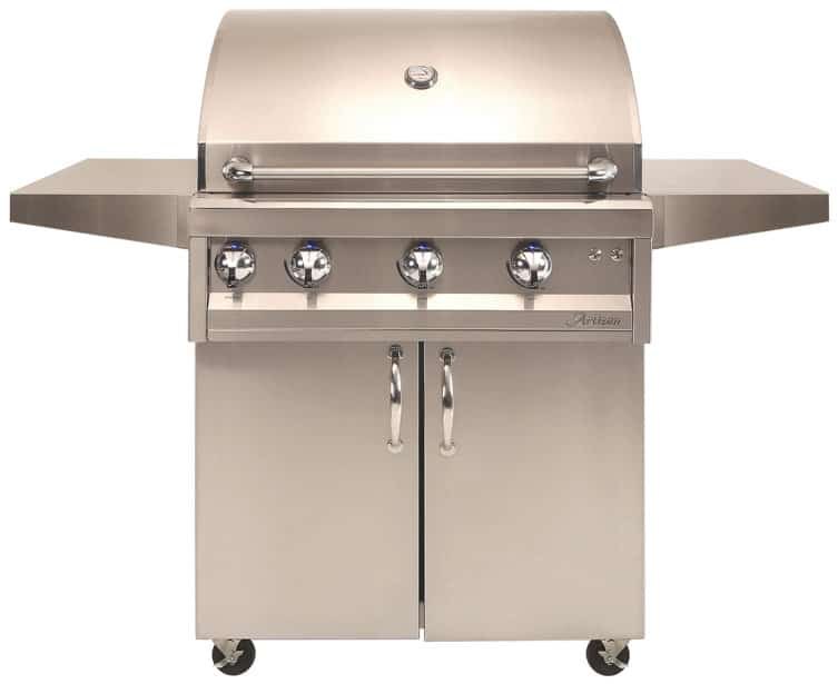 Artisan Professional 32" cart gas grill, freestanding view on stainless steel cart