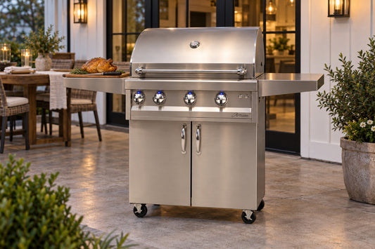 Artisan Professional 32" Cart Gas Grill ARTP-32C on a farmhouse patio (digital rendering)