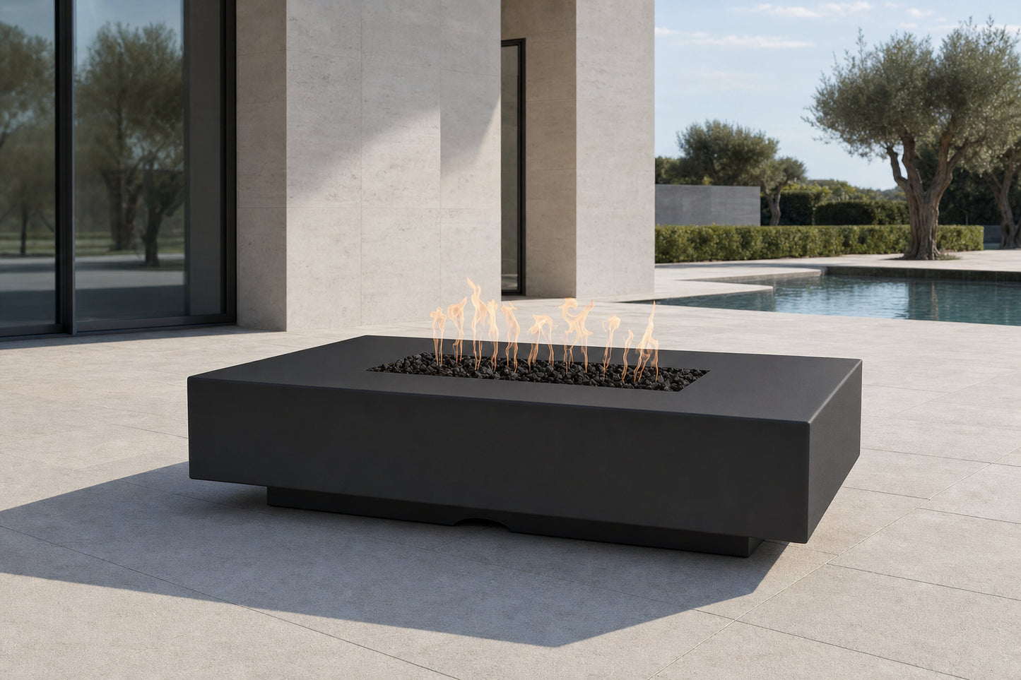 Cabo Linear Fire Pit - Powder Coat - 66" - Matte Black Lifestyle