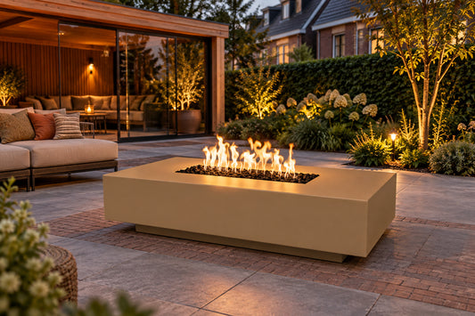 Cabo Linear Fire Pit GFRC Concrete by The Outdoor Plus in a garden setting