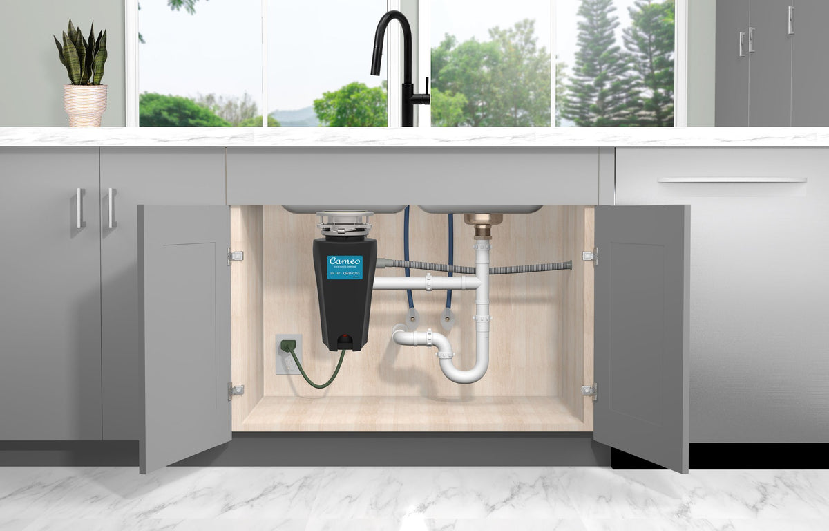 Cameo CWD-075S 3/4 HP garbage disposal installed under a kitchen sink