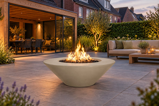 Cazo Fire Pit Wide Ledge GFRC Concrete by The Outdoor Plus in a garden setting