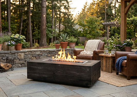 Outdoor patio with fire pit, chairs, and decorative elements in a garden setting.