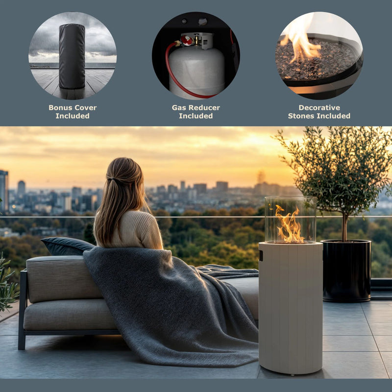 Freestanding Propane Outdoor Gas Fireplace – Compact 360° Fire Column | Planika Bino | 27,300 BTU – silk gray flame