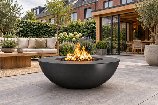 Sedona Fire Pit Wide Ledge GFRC Concrete by The Outdoor Plus in a garden setting
