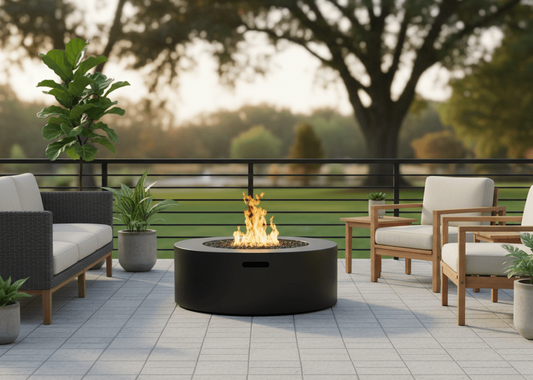 Outdoor patio with fire pit, chairs, and plants on a sunny day.