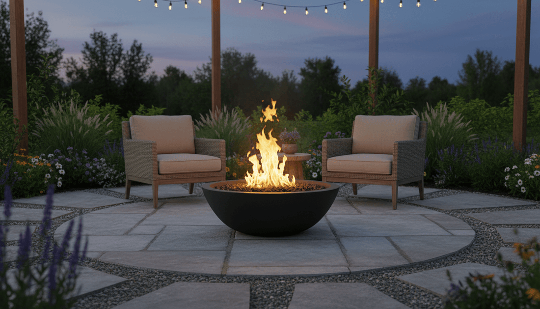 Concrete gas fire bowl lit between two lounge chairs on a garden patio at dusk