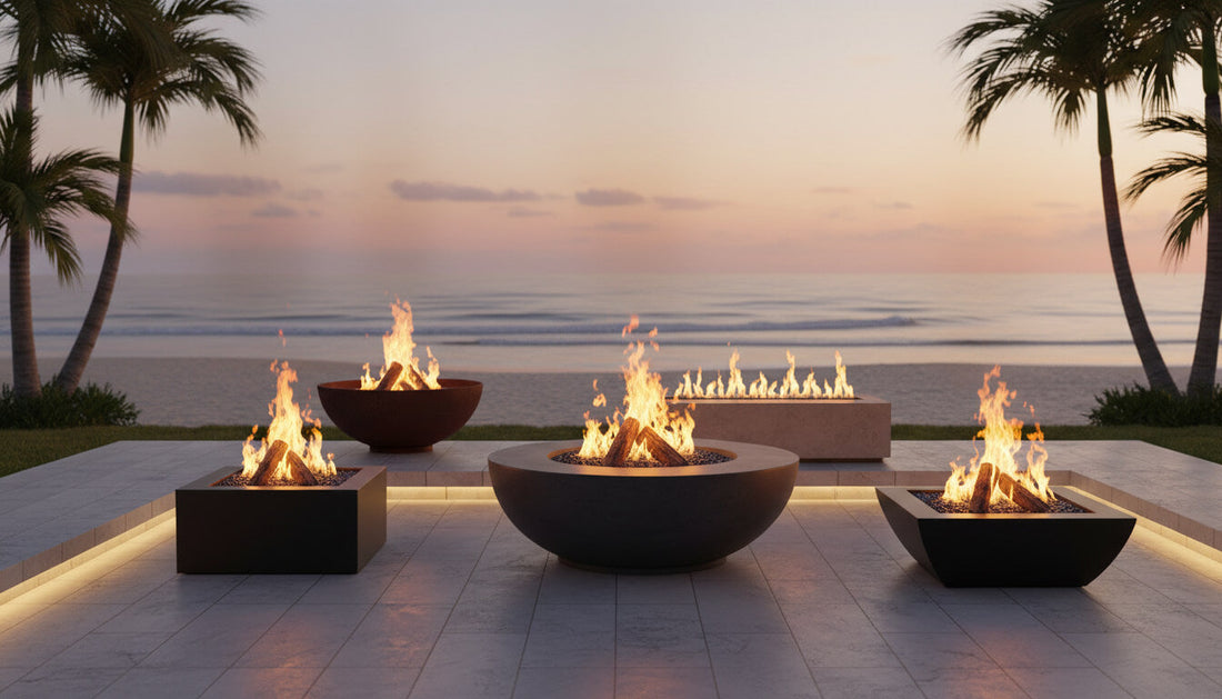 Premium fire pits being showcased in a terrace in front of the beach.