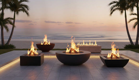 Premium fire pits being showcased in a terrace in front of the beach.