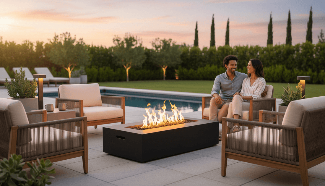 The Outdoor Plus Regal GFRC concrete linear gas fire pit on a luxury patio at dusk