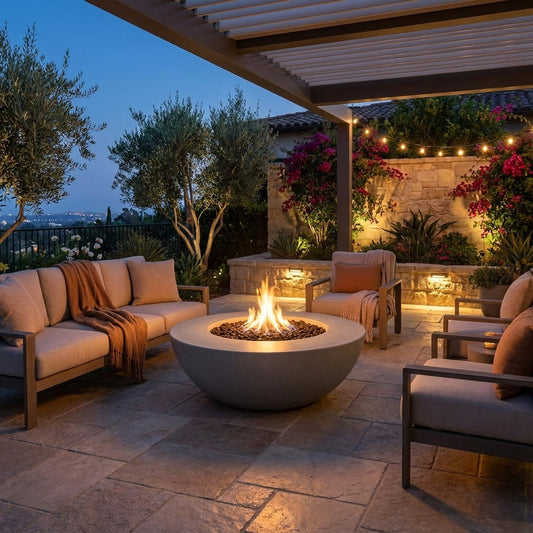Round fire pit in a modern patio.