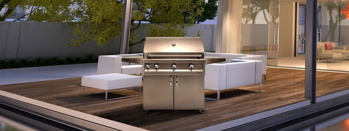 Artisan stainless steel gas grill on a cart on an outdoor patio deck