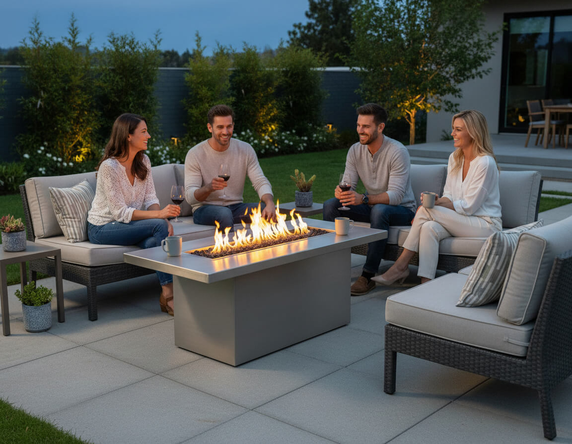 Gas fire table in a home spacious patio where people are gathered.