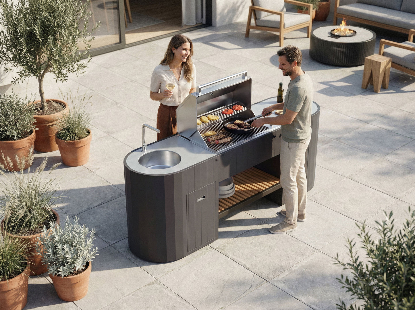 Q-boo OVO GL outdoor kitchen lifestyle patio setting