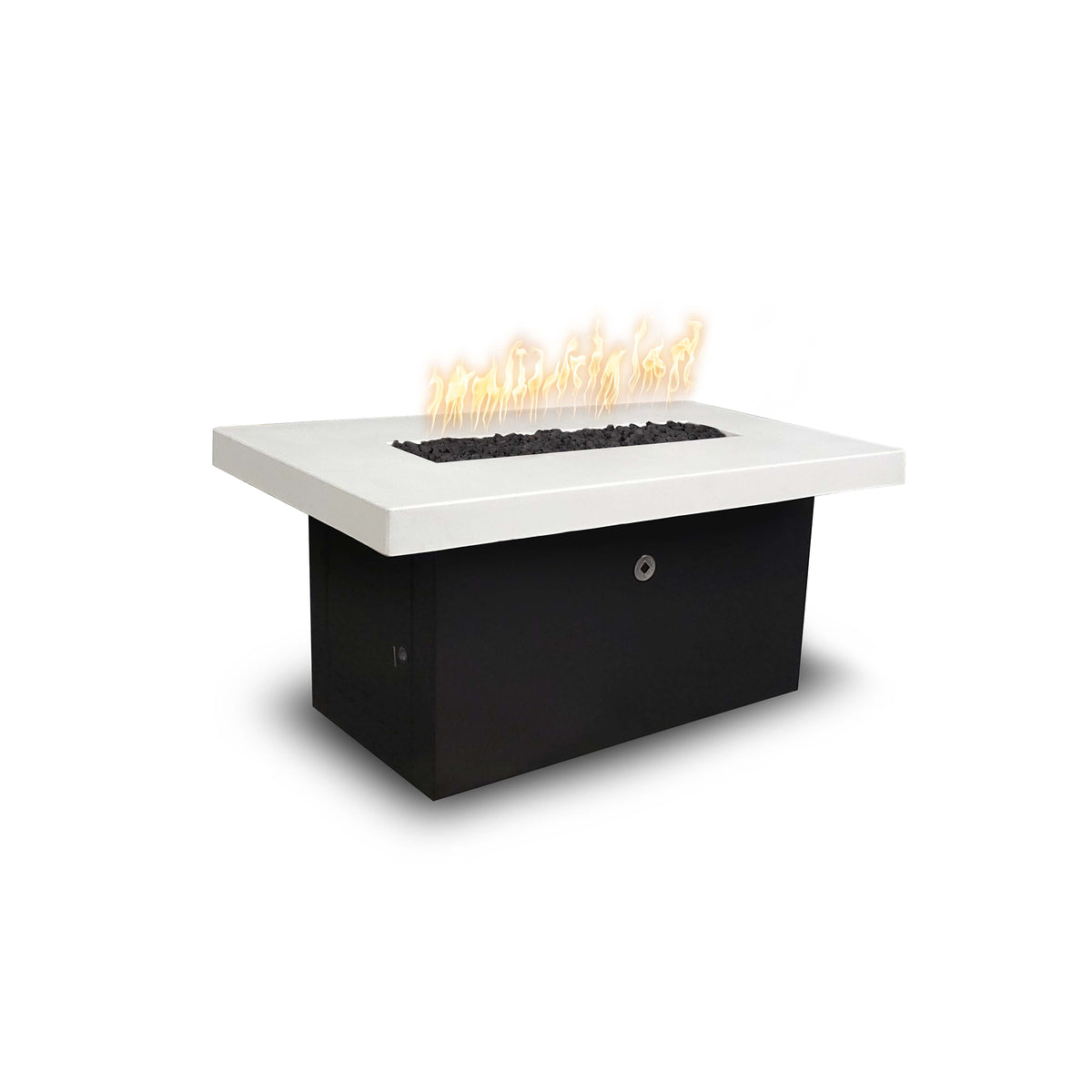 Alberta 60 inch rectangular black and white GFRC fire table with powder coat base by The Outdoor Plus