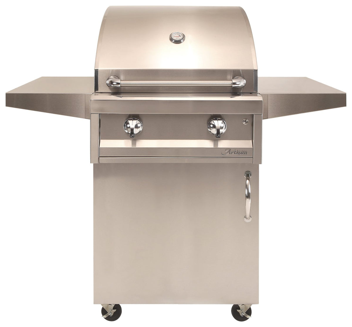 American Eagle 26" cart gas grill, freestanding view on stainless steel cart