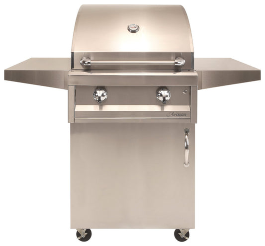 American Eagle 26" cart gas grill, freestanding view on stainless steel cart