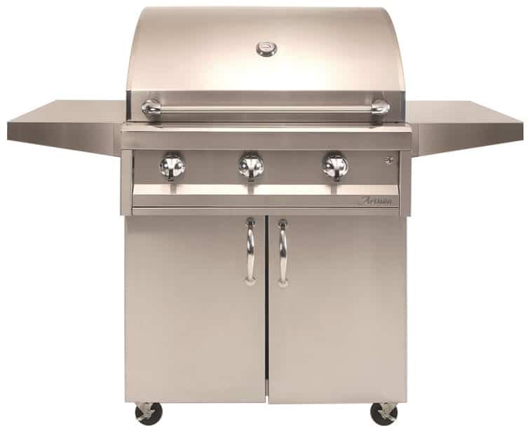 American Eagle 32" cart gas grill, freestanding view on stainless steel cart