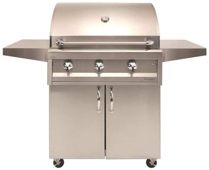 American Eagle 32" cart gas grill, freestanding view on stainless steel cart