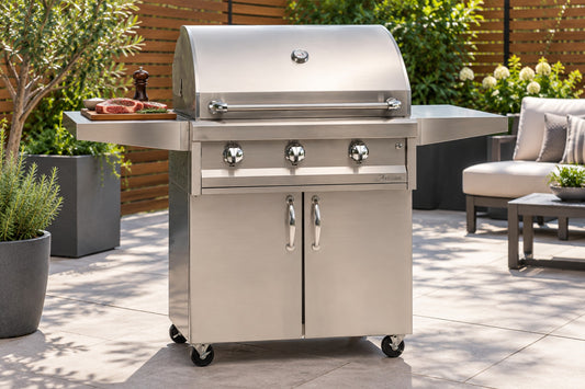 Artisan American Eagle 32" Cart Gas Grill AAEP-32C on a modern backyard patio (digital rendering)