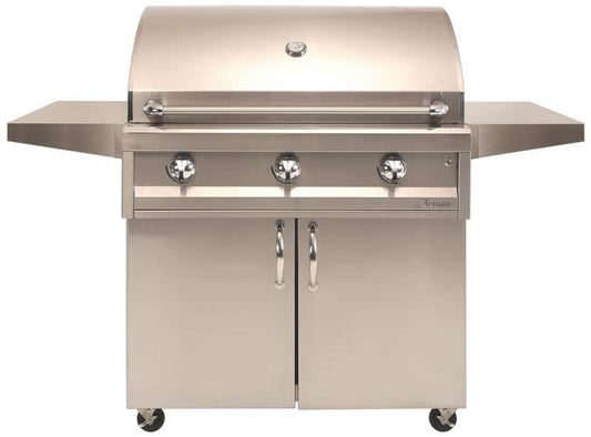 American Eagle 36" cart gas grill, freestanding view on stainless steel cart