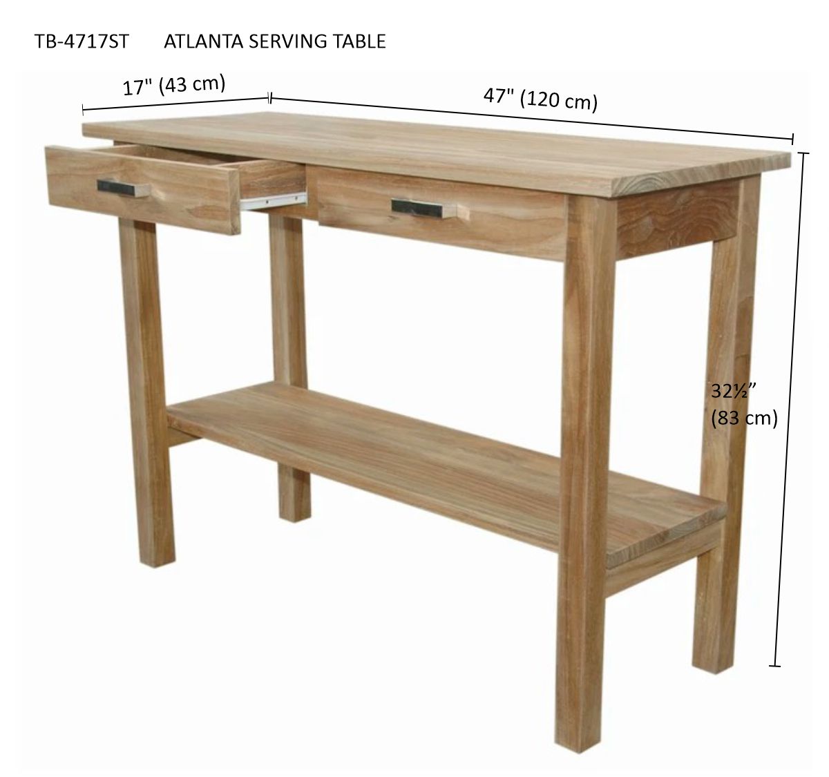 Anderson Teak Atlanta Rectangular Serving Table with 2 Drawers and 1 Shelf — product image 4 of 4