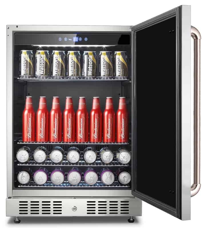 Artisan 24" outdoor refrigerator with door open, 5.5 cu ft interior
