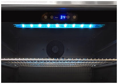 Artisan 24" outdoor refrigerator interior with LED lighting and stainless shelves