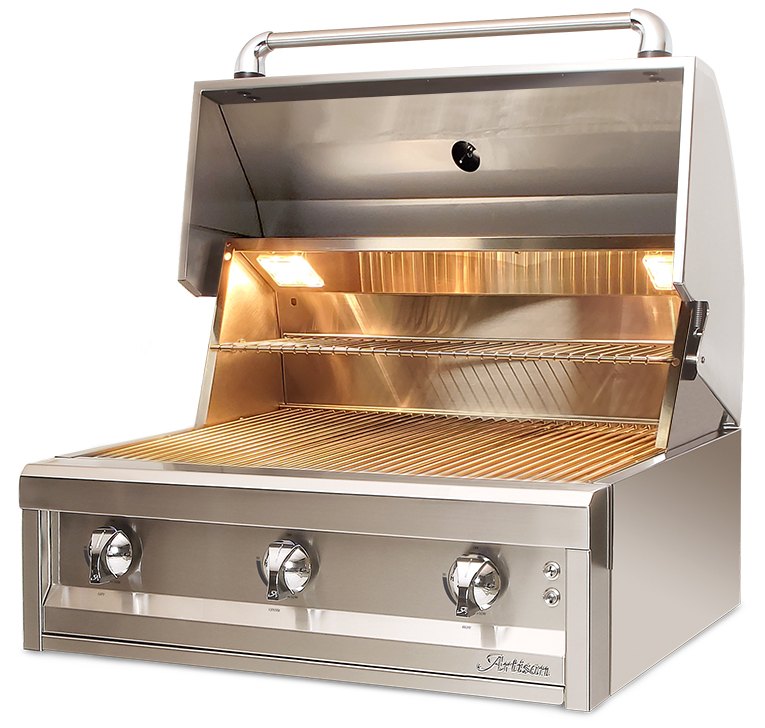 Artisan Series 32" built-in gas grill, left angle view with hood open, alternate shot