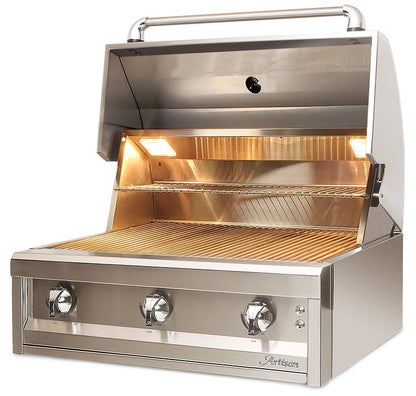 Artisan Series 32" built-in gas grill, left angle view with hood open, alternate shot