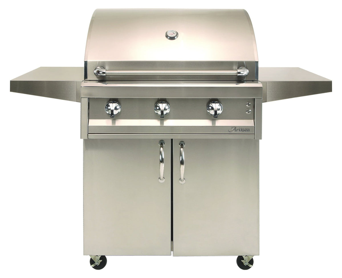Artisan Series 32" cart gas grill, freestanding view on stainless steel cart