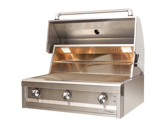 Artisan Series 36" built-in gas grill, left angle view with hood open