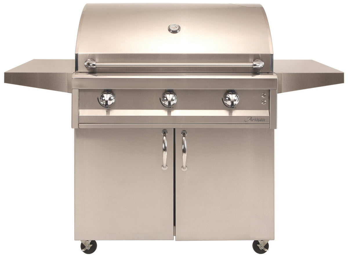 Artisan Series 36" cart gas grill, freestanding view on stainless steel cart