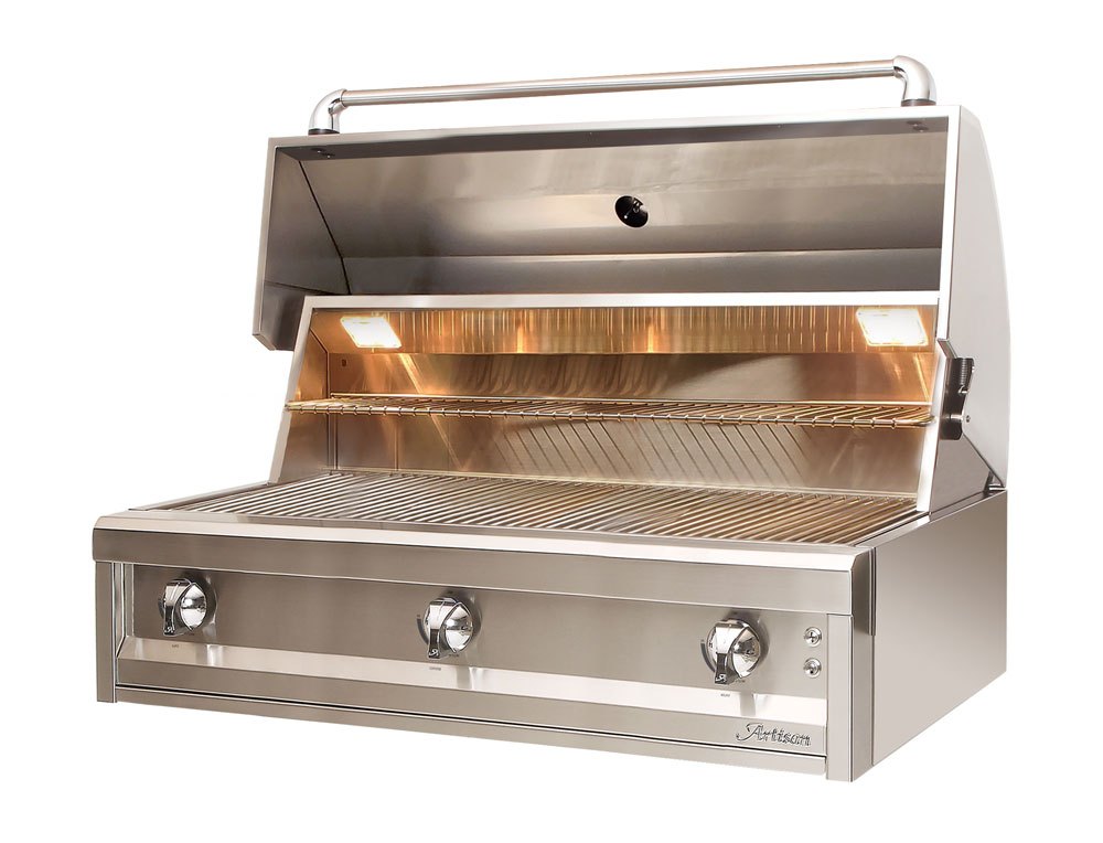 Artisan Series 42" built-in gas grill, left angle view with hood open
