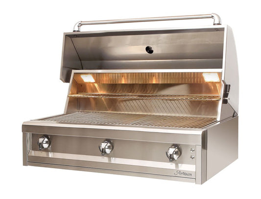 Artisan Series 42" built-in gas grill, left angle view with hood open