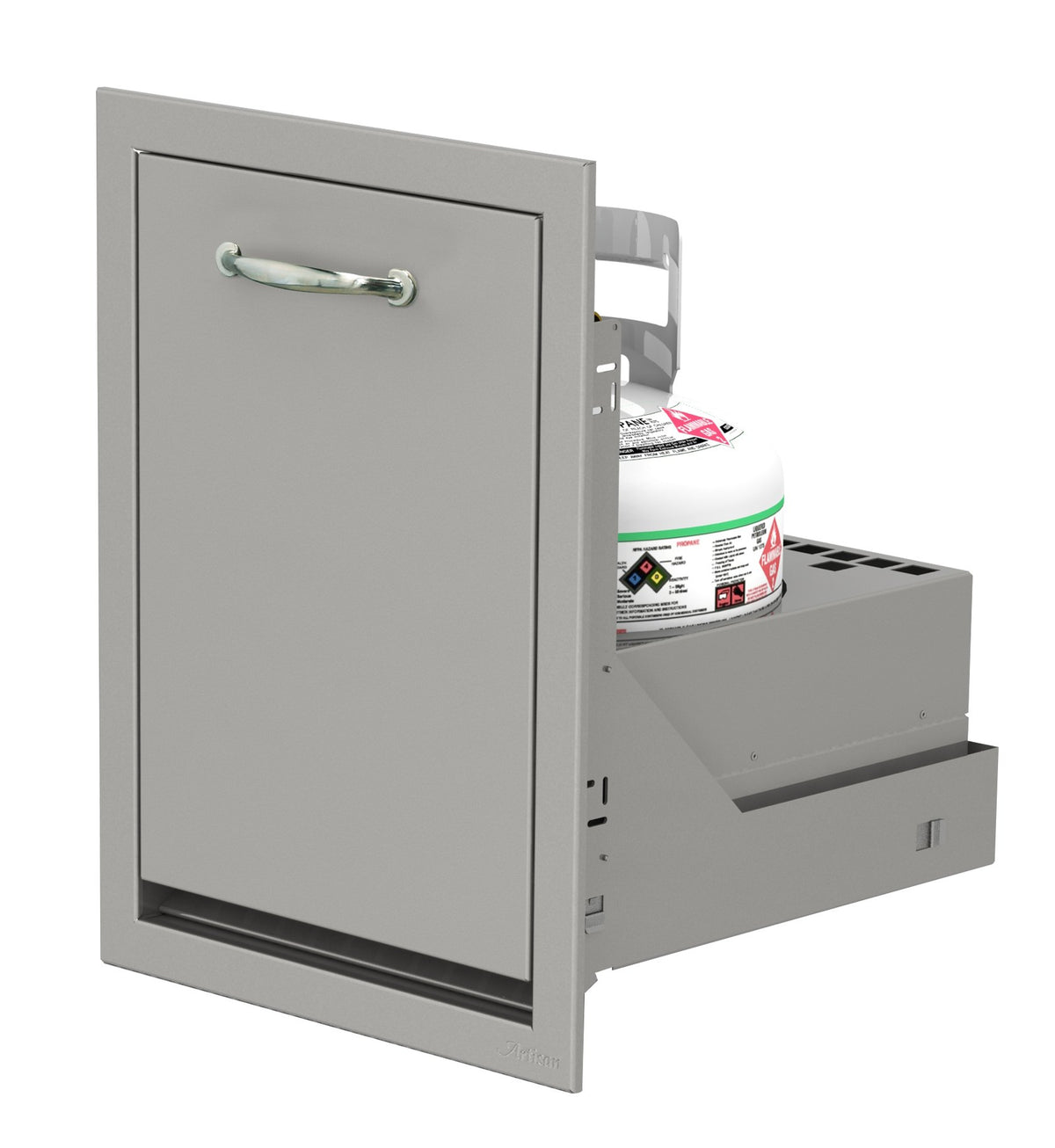 Artisan Professional 18" propane tank drawer in stainless steel, shown with LP tank (not included)