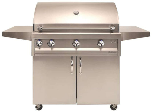 Artisan Professional 36" cart gas grill, freestanding view on stainless steel cart