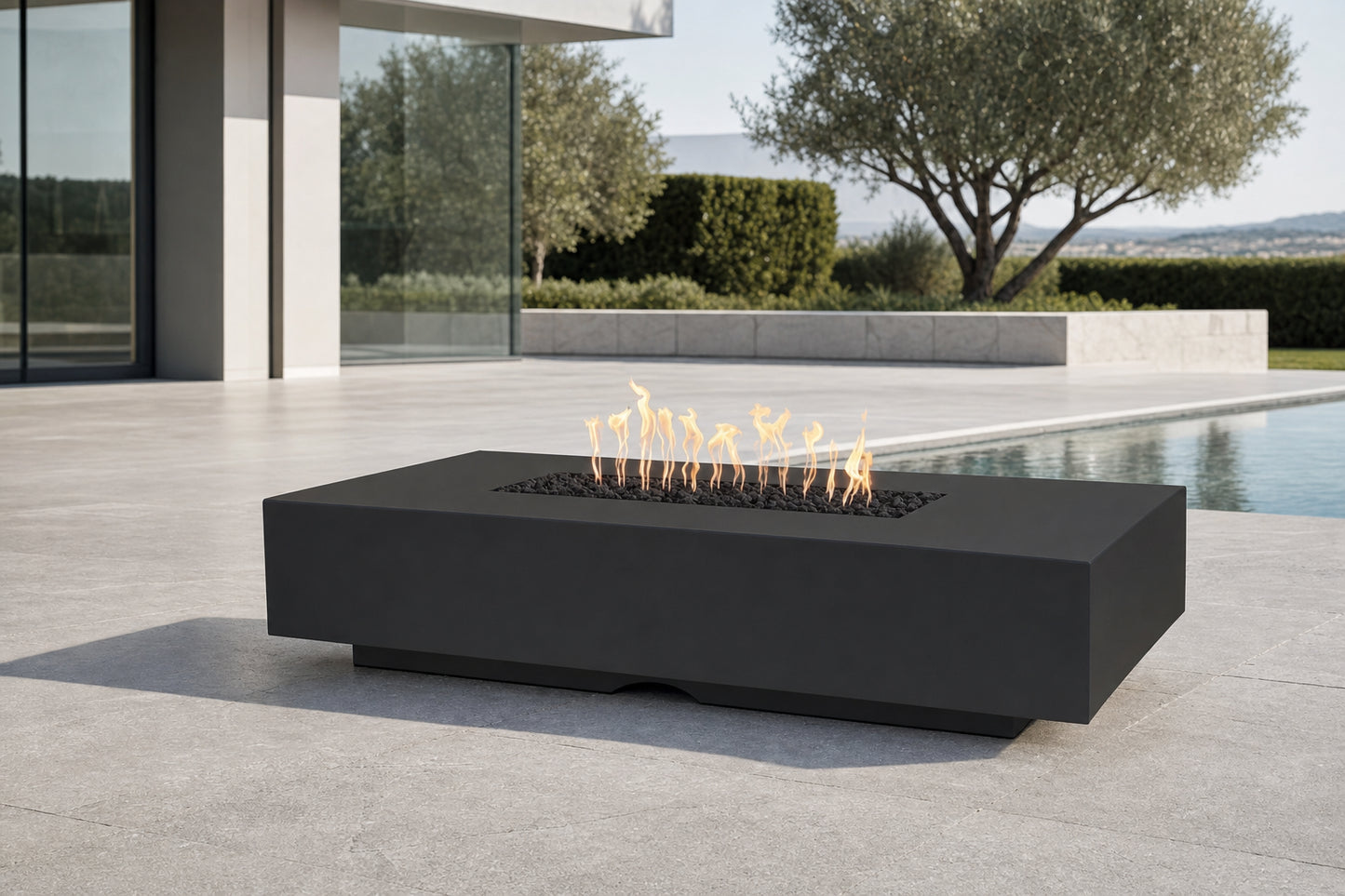 Cabo Linear Fire Pit - GFRC Concrete - 56" - Black Lifestyle