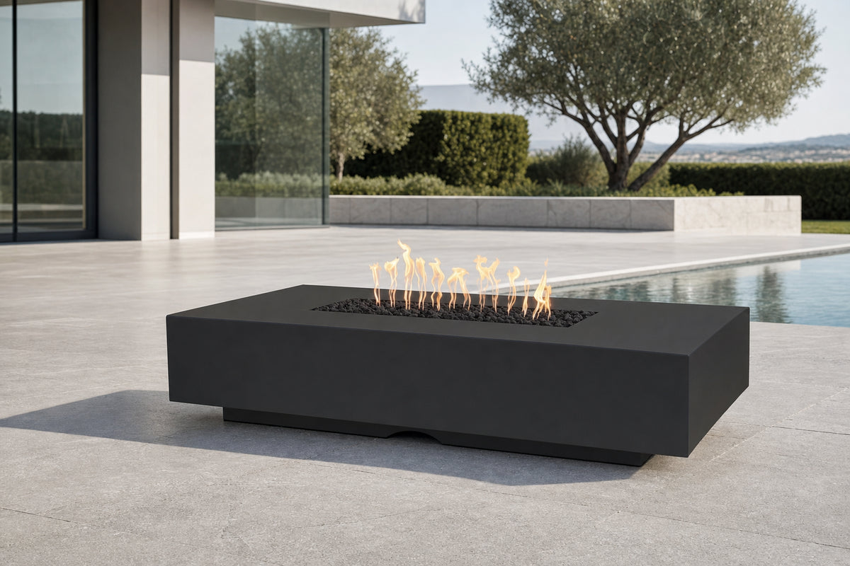 Cabo Linear Fire Pit - GFRC Concrete - 56" - Black Lifestyle