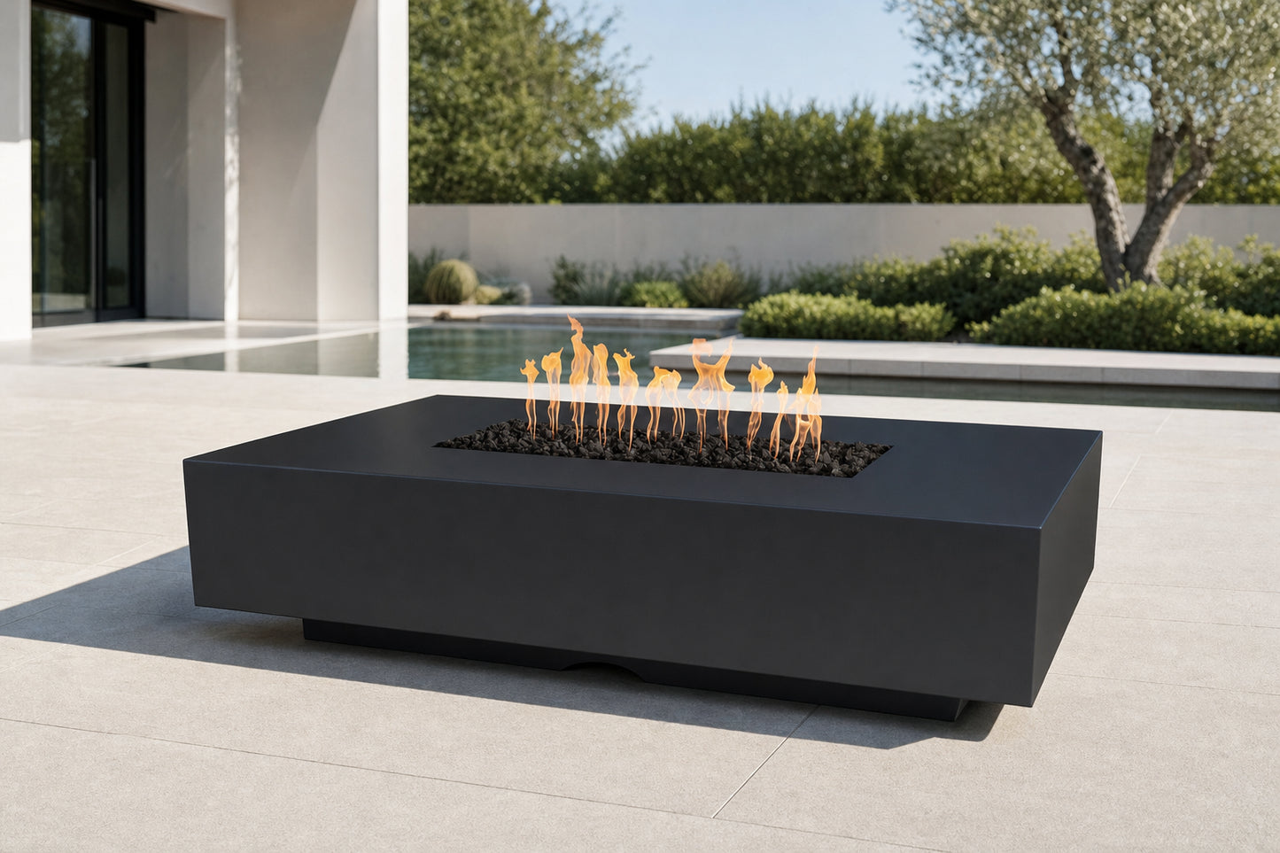 Cabo Linear Fire Pit - GFRC Concrete - 66" - Black Lifestyle