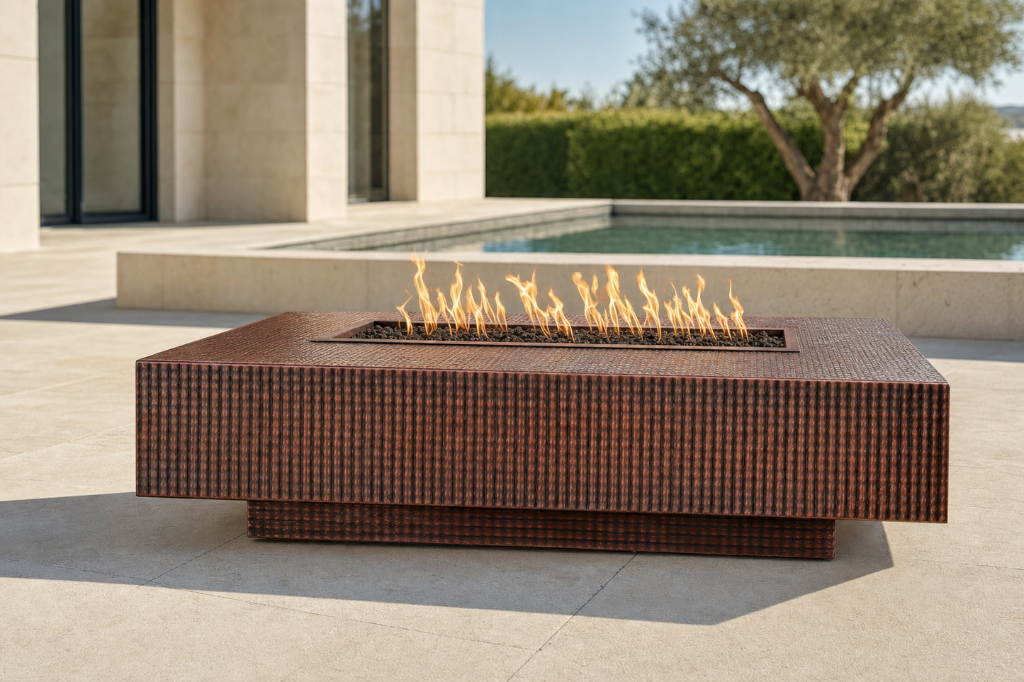 Cabo Linear Fire Pit - Metal Collection - 56" - Hammered Copper Lifestyle