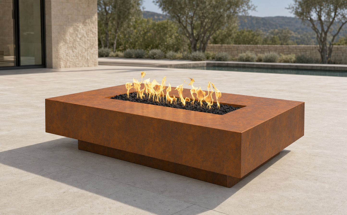 Cabo Linear Fire Pit - Metal Collection - 66" - Corten Steel Lifestyle