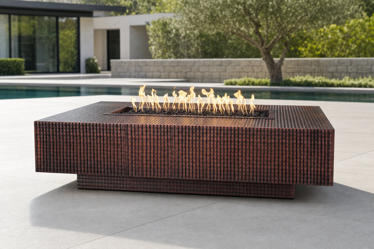 Cabo Linear Fire Pit - Metal Collection - 66" - Hammered Copper Lifestyle