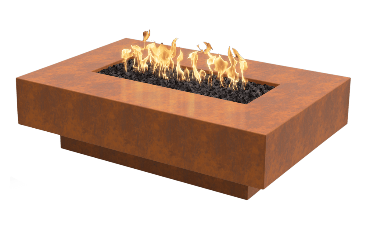 Cabo Linear 90 inch metal gas fire pit in corten copper or stainless by The Outdoor Plus