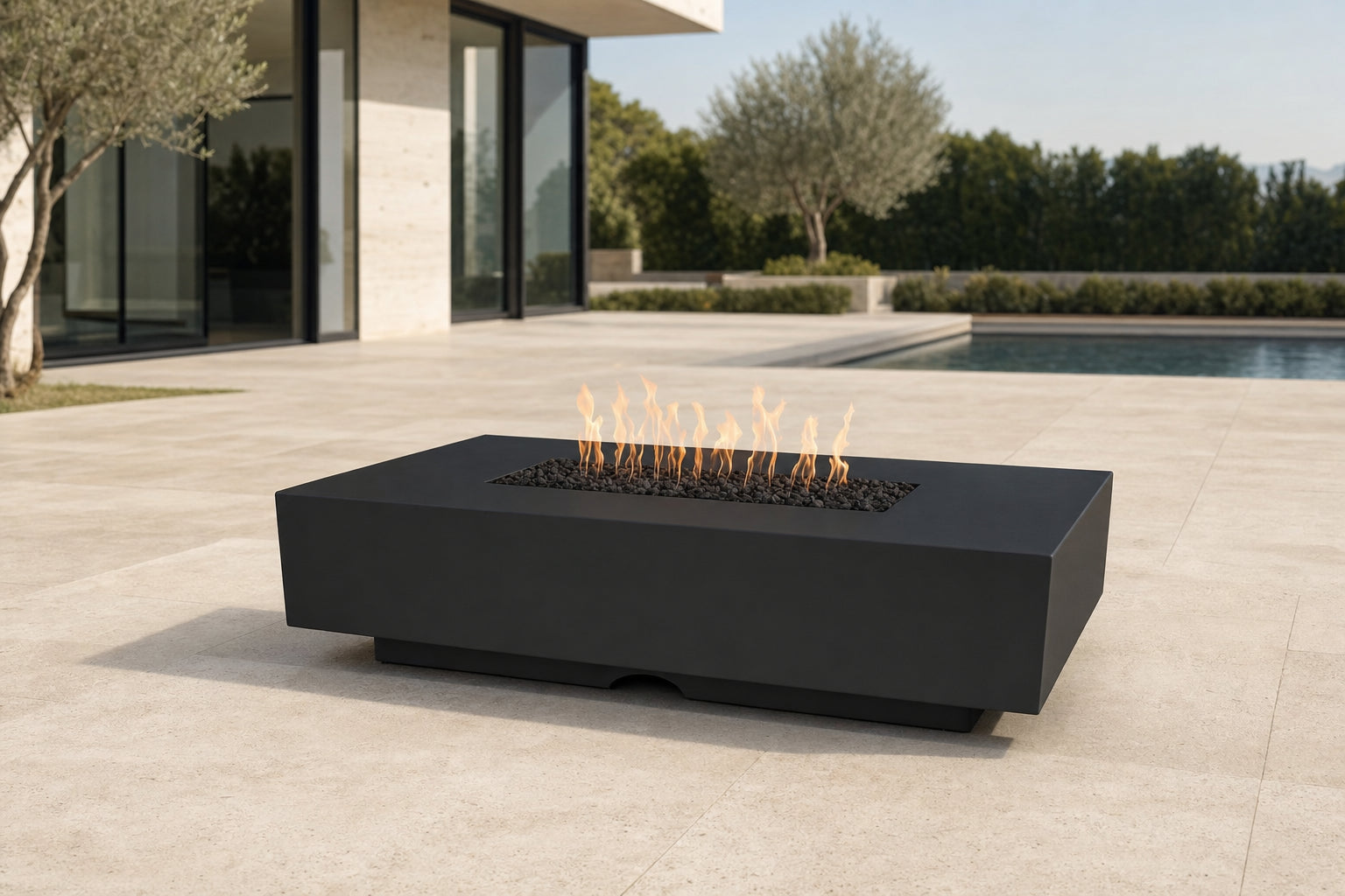 Cabo Linear Fire Pit - Powder Coat - 56" - Matte Black Lifestyle