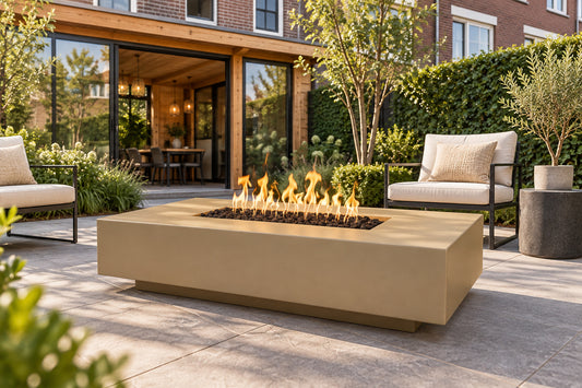 Cabo Linear Fire Pit GFRC Concrete by The Outdoor Plus in a garden setting