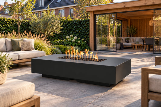 Cabo Linear Fire Pit Powder Coat by The Outdoor Plus in a garden setting