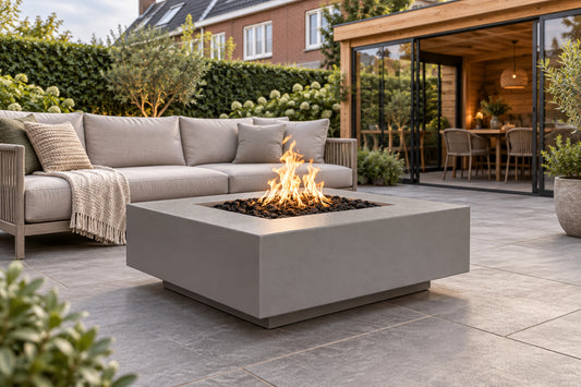 Cabo Square Fire Pit GFRC Concrete by The Outdoor Plus in a garden setting